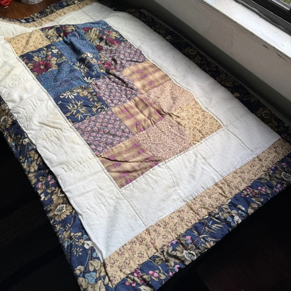 Patchwork Quilted Pillow Sham Country Cottage Floral Blue Beige pillowcase large